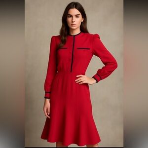 Vintage Rouie Petite Red Dress with Covered Buttons Navy Piping, Pockets! 8P